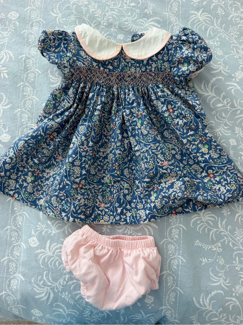 Bella Bliss Blue Floral Smocked Dress with Pink Bloomers